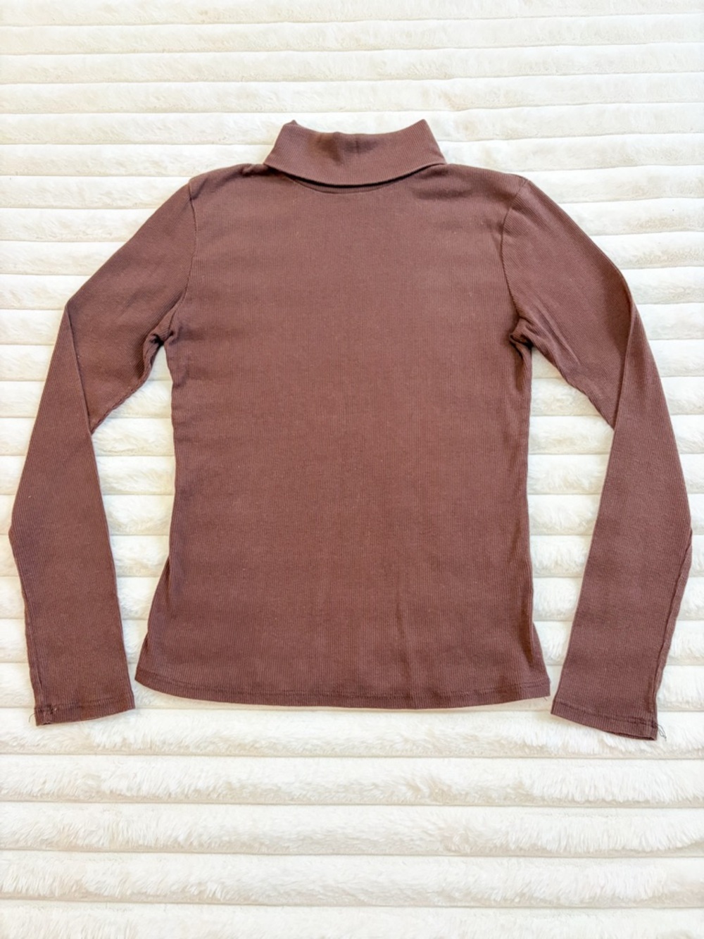 Brown Ribbed Turtleneck | Fitted Long Sleeve Basic | Size L Active Basic